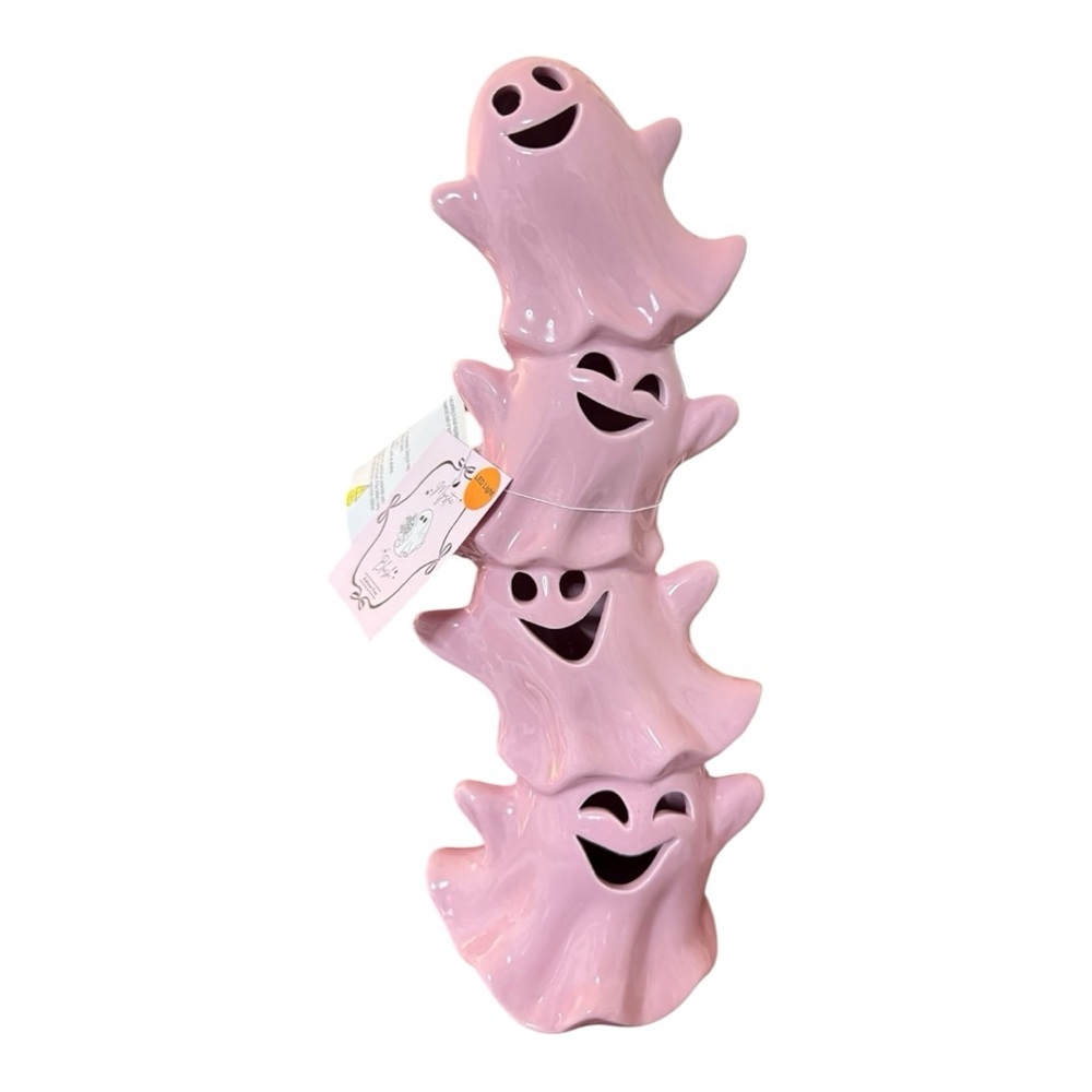 Blush Pink Ceramic 4 Stacked Ghost LED Tabletop Halloween Decor